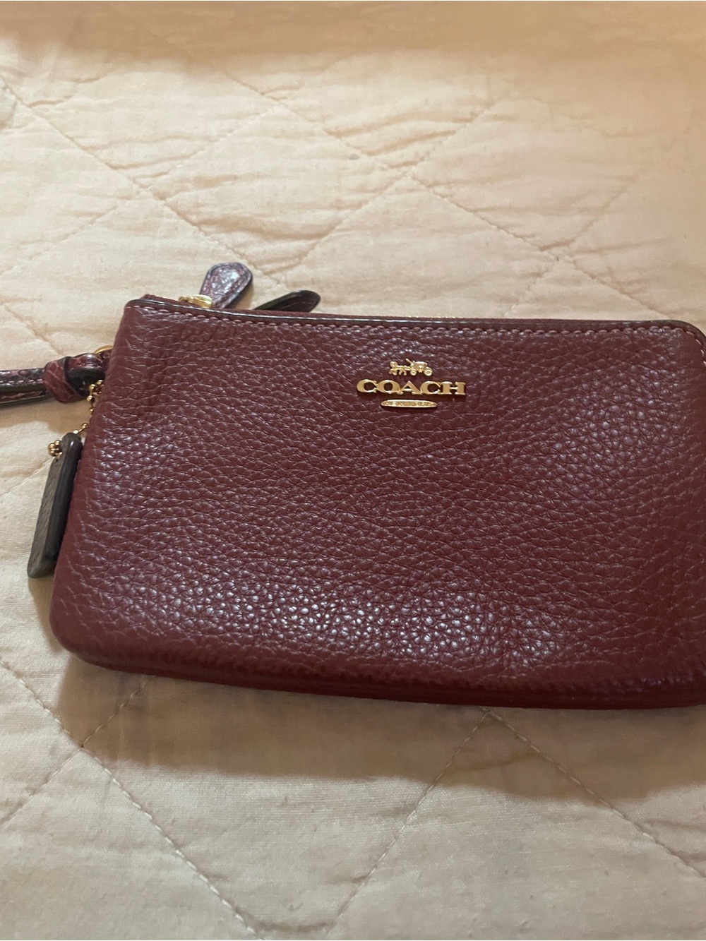 Coach Pebbled Leather Double Zip Wristlet in Burgundy Wine